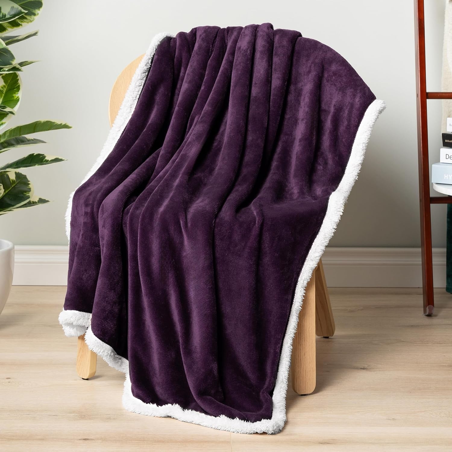 Sherpa Fleece Throw Blanket for Couch, Purple, Plush Soft Fuzzy Sofa Blanket, Cozy Reversible Winter Throw for Women Men, 50X60 Inches