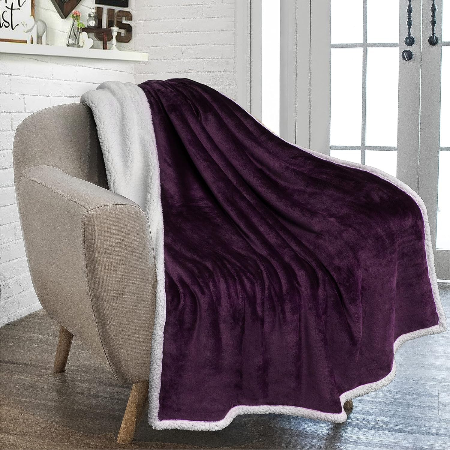 Sherpa Fleece Throw Blanket for Couch, Purple, Plush Soft Fuzzy Sofa Blanket, Cozy Reversible Winter Throw for Women Men, 50X60 Inches